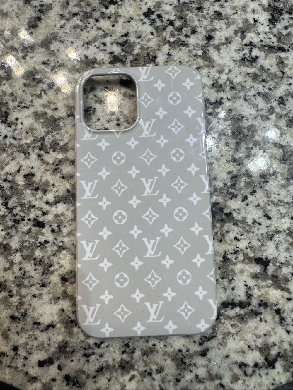 Designer-Inspired Gray IPhone 12 Case with White Monogram Pattern